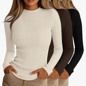 Ribbed Long Sleeve Crewneck Top - Ivory, Brown, Black (set of 3)